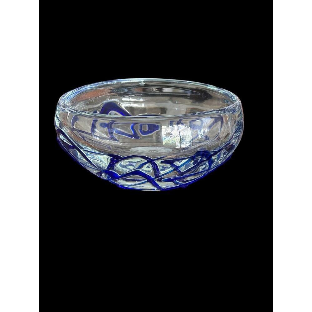 Ribbed Cobalt Blue Hand Blown Round Zig Zag Art Glass Sculpture Bowl 8” X 4”